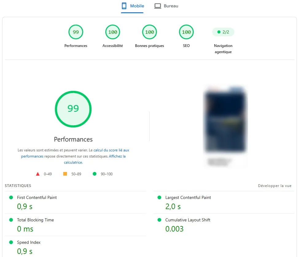 Score PageSpeed du site